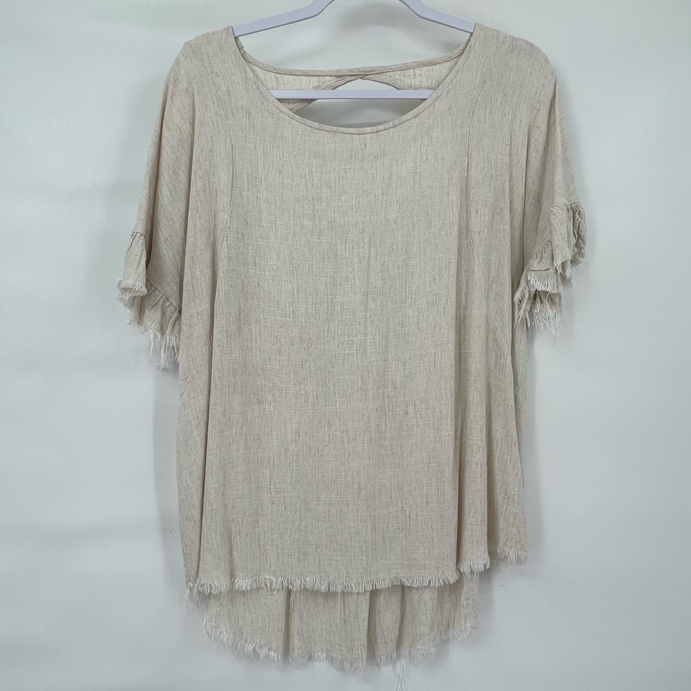 Women's Cream Fringe Short Sleeve Top